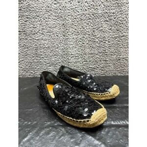 Tory Burch Mischa Sequin Leather Slip On Flat Espadrille Black Womens Size 8 US